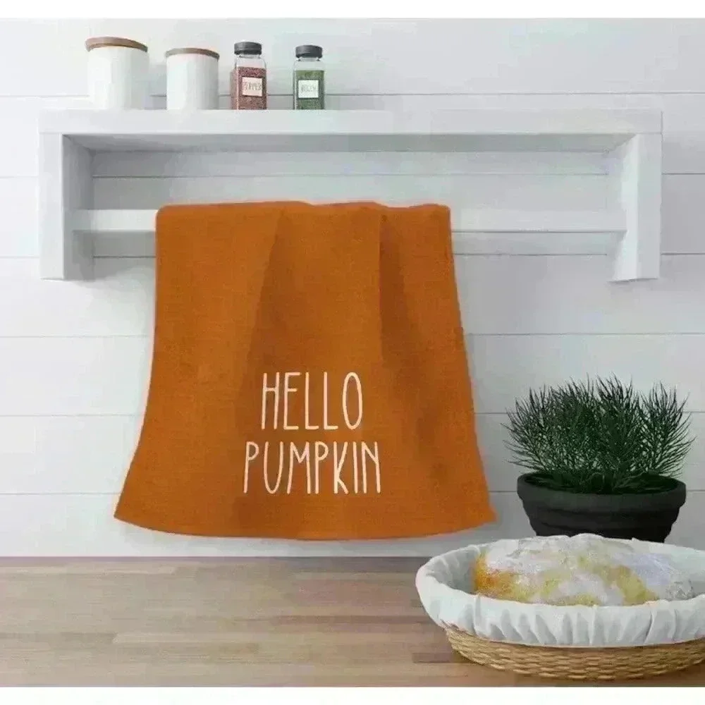 NEW! Hello Pumpkin Fall Kitchen Towels Set Bright Orange & White 16in x 24in